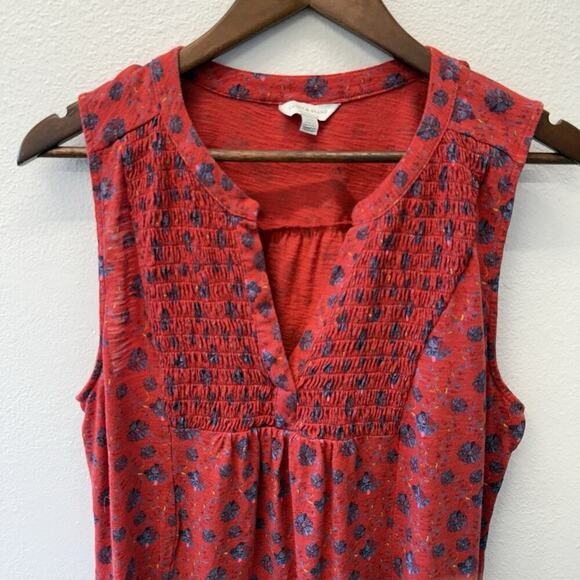 Lucky Brand Smocked Top Womens Size L Red Floral Knit Boho Western Prairie - Picture 2 of 7